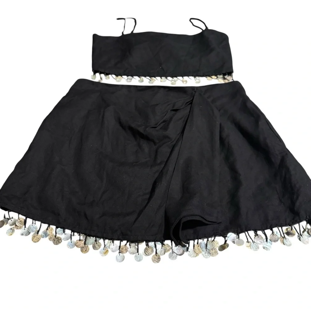 Jason Wu linen blend 2 piece tank skirt set coastal boho‎ festival beaded fringe
